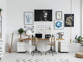 Crisp_white_Neutral_modern_study_scandi_hanging_plant_timber_desk_chair_artwork_rug_globe
